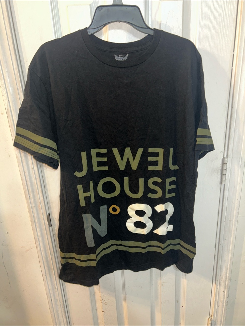 crown & ivy Black Graphic Tee with Olive and White Print